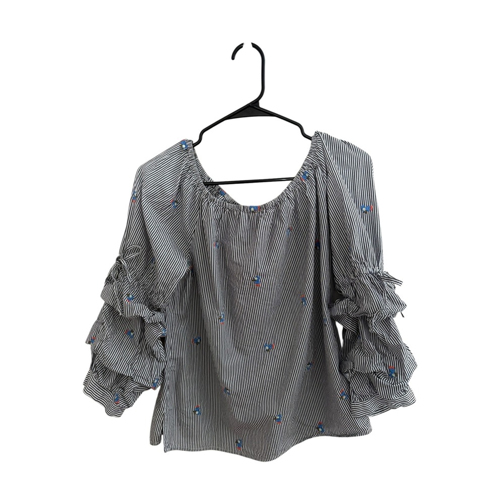 Sanctuary Women's Medium Boho Stripe Embroidered Ruffle Sleeve Cotton Blouse Top